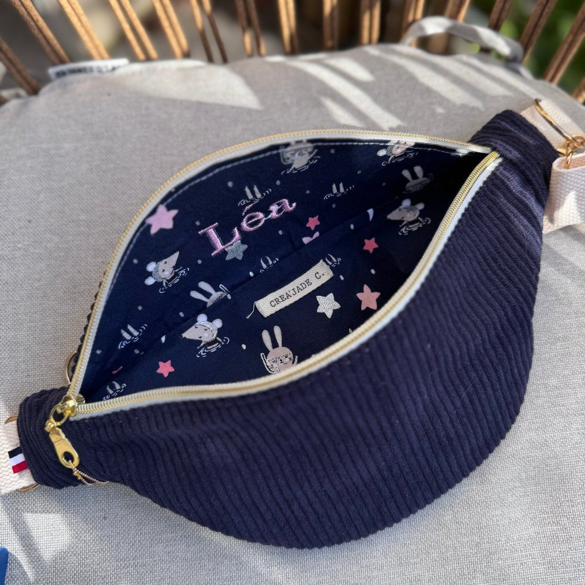 Sac banane velours "La Pitchounette" à personnaliser - Bleu Marine